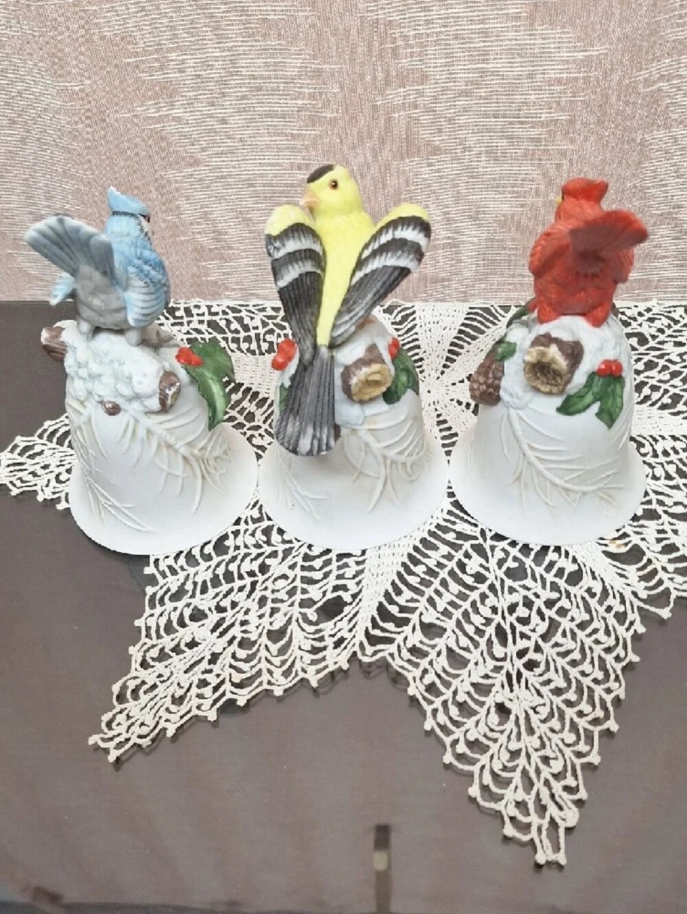 Ceramic Bird Bell Set - Blue, Yellow, Red Decorative Perches